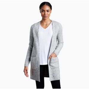 KUHL IDA CARDIGAN SWEATER POCKET OPEN FRONT GRAY SPECKLED KNIT BLEND SOFT COZY S